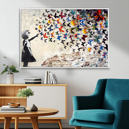 97895-MGV-CV-36X24-Girl with Butterflies Wall Art – Colorful Street Art Style Canvas Print, Modern Graffiti-Inspired Butterfly Artwork for Living