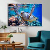 12683-MGV-FC-36X24_White-Sea Turtle Wall Art – Graceful Ocean Canvas Print with Coral Reef and Tropical Fish, Coastal Marine Life Decor for Beach House,