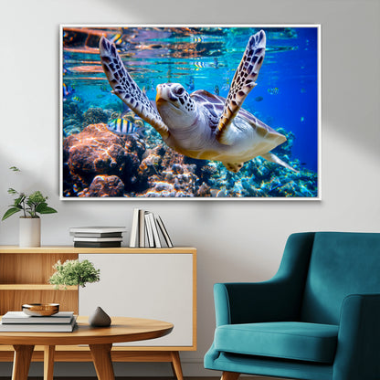 12683-MGV-FC-36X24_White-Sea Turtle Wall Art – Graceful Ocean Canvas Print with Coral Reef and Tropical Fish, Coastal Marine Life Decor for Beach House,