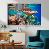 66614-MGV-CV-36X24-Sea Turtle Wall Art – Hawksbill Turtle Swimming Over Coral Reef Canvas Print, Ocean Marine Life Decor for Beach House, Coastal