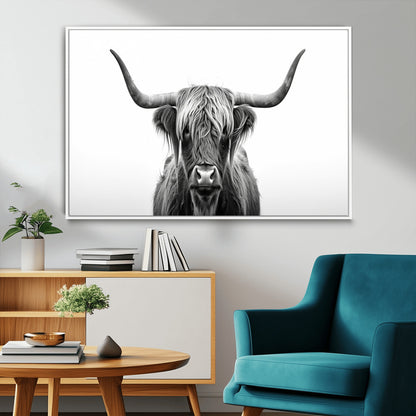 49556-MGV-FC-36X24_White-Highland Cow Wall Art – Black and White Scottish Highland Cattle Print, Rustic Farmhouse Minimalist Animal Portrait Canvas for