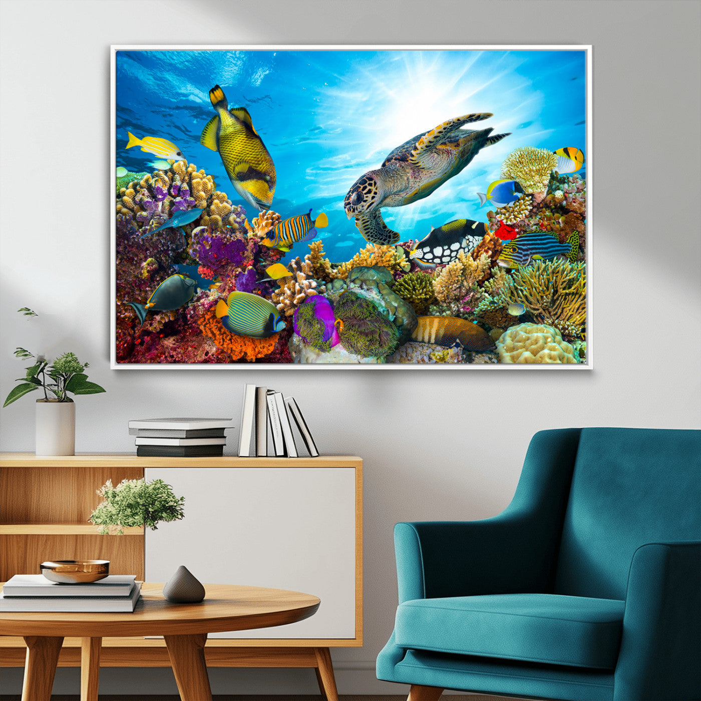44772-MGV-FC-36X24_White-Underwater Sea Turtle Wall Art – Vibrant Coral Reef and Tropical Fish Canvas Print, Ocean Marine Life Decor for Living Room,