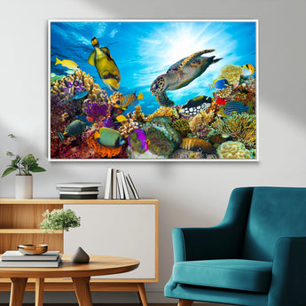 44772-MGV-FC-36X24_White-Underwater Sea Turtle Wall Art – Vibrant Coral Reef and Tropical Fish Canvas Print, Ocean Marine Life Decor for Living Room,