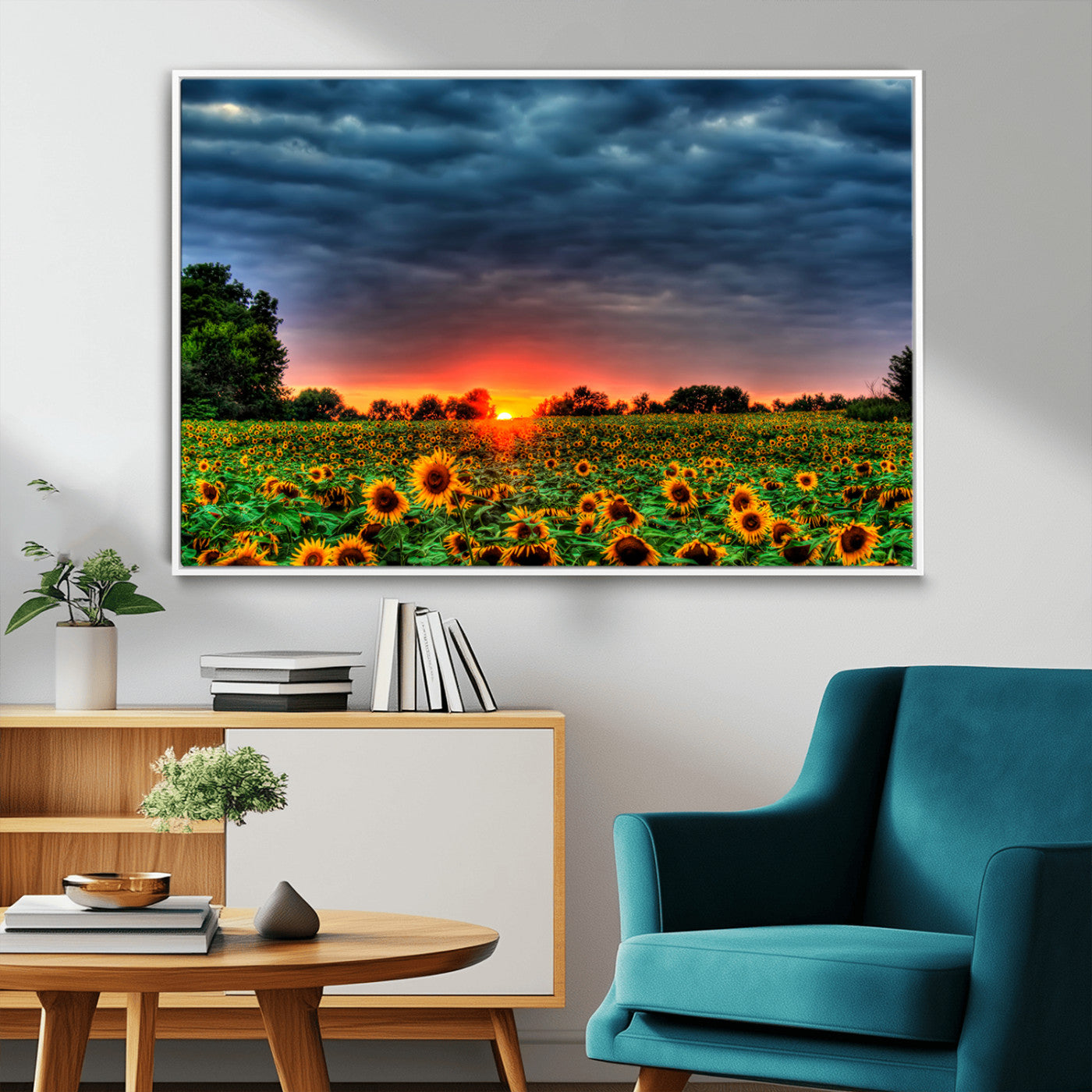 45045-MGV-FC-36X24_White-Sunflower Field Sunset Wall Art – Dramatic Stormy Sky Landscape Print, Vibrant Yellow Floral Nature Canvas for Living Room,