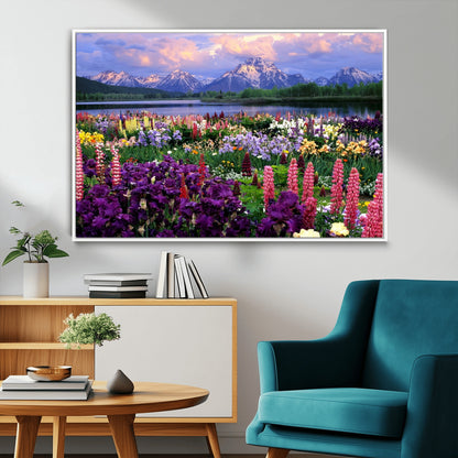 82270-MGV-CV-36X24-Colorful Wildflower Meadow Landscape Wall Art – Snow-Capped Mountain Lake Sunset Print, Vibrant Nature Artwork for Living Room,