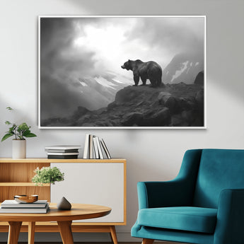 49504-MGV-FC-36X24_White-Black and White Grizzly Bear Wall Art – Wilderness Wildlife Painting, Rustic Mountain Cabin Decor, Monochrome Animal Print for