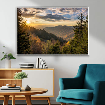73692479-MGV-CV-36X24-Smoky Mountains Wall Art Canvas Print, Framed Forest Mountain Art Picture Print, Spring Mountain Perfect Spring Style Decor