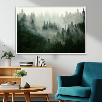 167720496-MGV-CV-36X24-Misty Forest Wall Art – Serene Evergreen Trees Canvas Print, Foggy Mountain Nature Landscape Decor for Bedroom, Living Room or