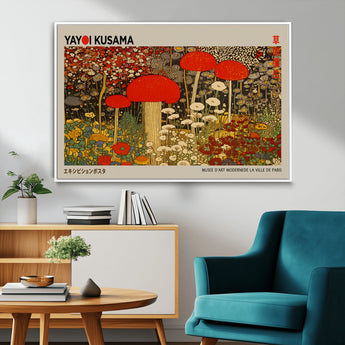 38013-MGV-CV-36X24-Yayoi Kusama Inspired Mushroom Garden Wall Art – Whimsical Botanical Canvas Print, Surreal Nature Poster, Fantasy Floral Artwork