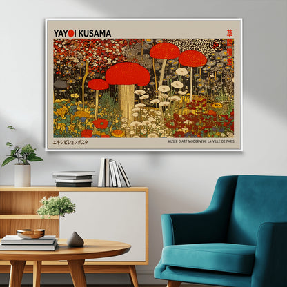 38013-MGV-CV-36X24-Yayoi Kusama Inspired Mushroom Garden Wall Art – Whimsical Botanical Canvas Print, Surreal Nature Poster, Fantasy Floral Artwork
