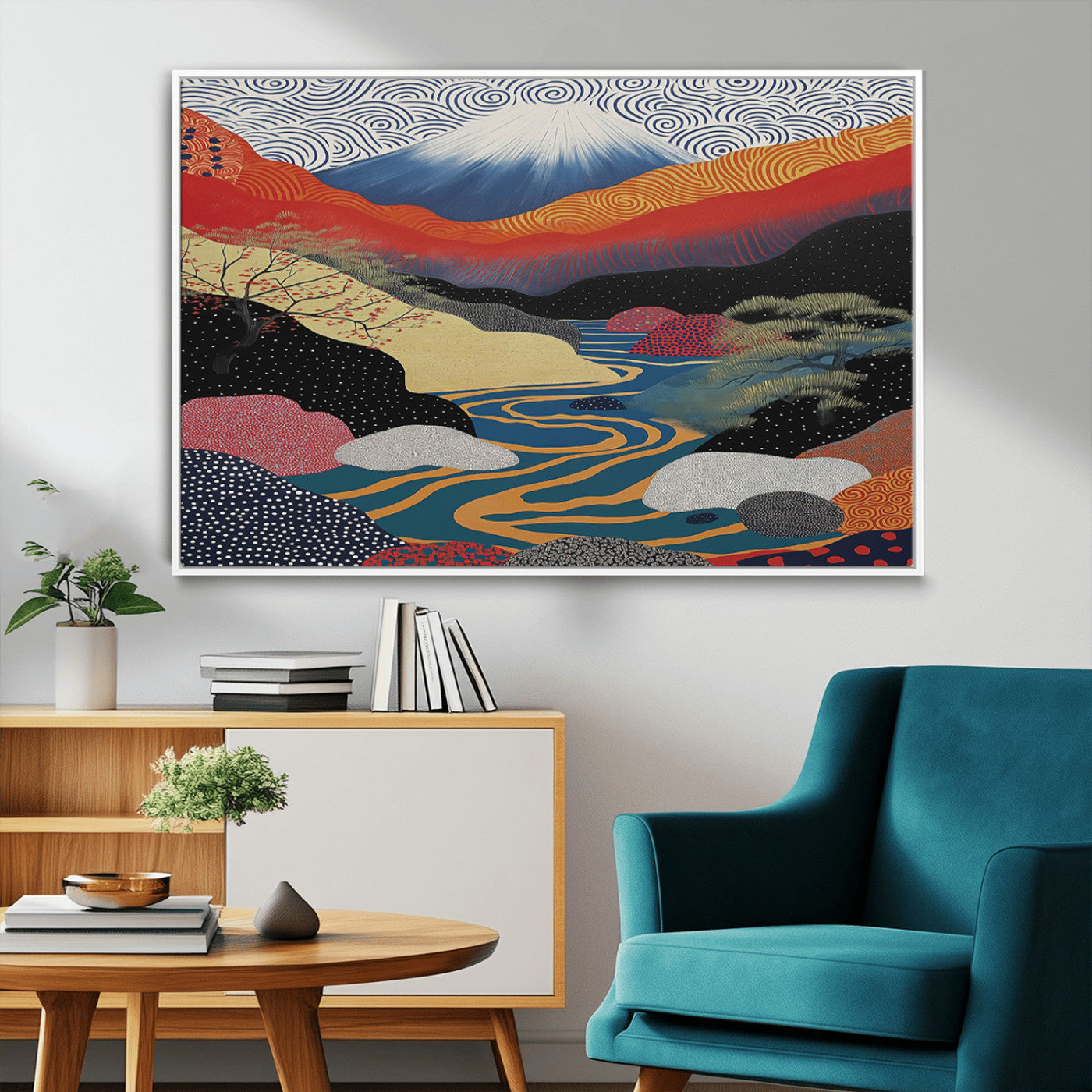 22313-MGV-CV-36X24-Yayoi Kusama Wall Art – Abstract Mount Fuji Landscape Canvas Print, Vibrant Japanese Nature Scene with River, Mountains and Sky