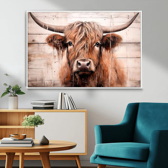 93730-MGV-CV-36X24-Scottish Cow Wall Art Canvas Print, Framed Longhorn Cow Art Picture Print, Highland Cattle Perfect Rustic Farmhouse Decor Artwork