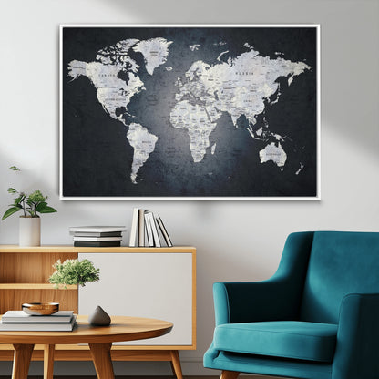 19124-MGV-FC-36X24_White-Modern World Map Wall Art – Black and White Canvas Print, Minimalist Global Map Decor for Office, Study, Bedroom or Living Room