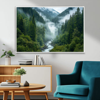 69453-MGV-CV-36X24-Mountain Forest Wall Art – Misty River and Evergreen Landscape Canvas Print, Nature Photography Poster for Living Room, Bedroom,