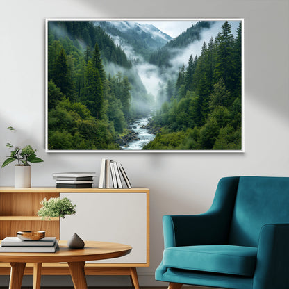 69453-MGV-CV-36X24-Mountain Forest Wall Art – Misty River and Evergreen Landscape Canvas Print, Nature Photography Poster for Living Room, Bedroom,