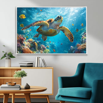 37623-MGV-FC-36X24_White-Sea Turtle Wall Art – Underwater Ocean Canvas Print with Coral Reef and Tropical Fish, Marine Life Painting Poster for Living