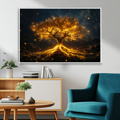 60194-MGV-FC-36X24_White-Glowing Tree Wall Art – Golden Roots Fantasy Canvas Print, Mystical Illuminated Tree Painting Poster for Living Room, Bedroom,