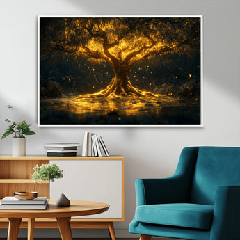 59580-MGV-CV-36X24-Glowing Tree Wall Art – Golden Fantasy Nature Canvas Print, Mystical Illuminated Tree Painting Poster for Living Room, Bedroom,