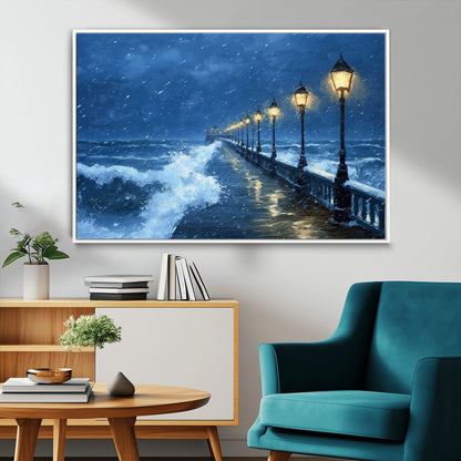 32668-MGV-FC-36X24_White-Stormy Pier Wall Art – Ocean Waves and Street Lamps Canvas Print, Rainy Night Seascape Oil Painting Poster for Living Room,