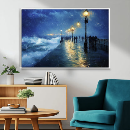 76572-MGV-FC-36X24_White-Stormy Night Pier Wall Art – Ocean Waves and Street Lamps Canvas Print, Rainy Seascape Oil Painting Poster for Living Room,
