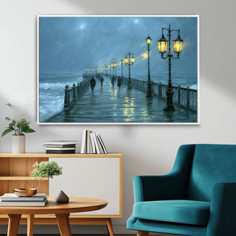 79606-MGV-CV-36X24-Rainy Pier Night Wall Art – Ocean Waves and Street Lamps Canvas Print, Moody Seascape Oil Painting Poster for Living Room,