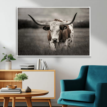 69238-MGV-CV-36X24-Longhorn Bull Wall Art – Rustic Black and White Texas Cattle Canvas Print, Western Farmhouse Animal Photography for Living Room,