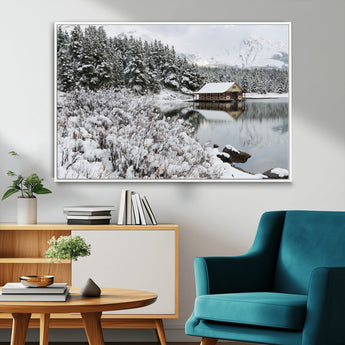 94285-MGV-FC-36X24_White-Snowy Cabin Wall Art Canvas Print, Framed Winter Cabin Art Picture Print, Mountain Lake Perfect Snowy Nature Decor Artwork