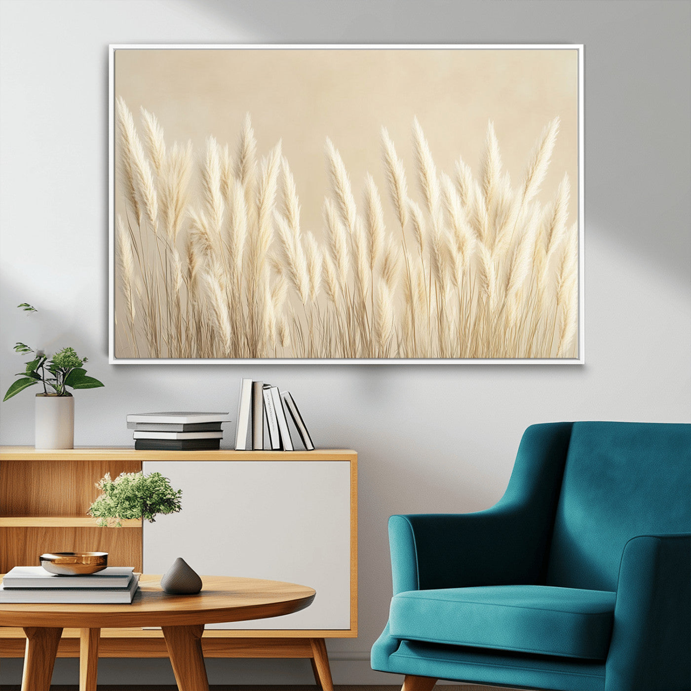 81444-MGV-FC-36X24_White-Pampas Grass Wall Art Canvas Print, Framed Beige Pampas Grass Art Picture Print, Minimalist Beige Perfect Minimalist Nature Decor