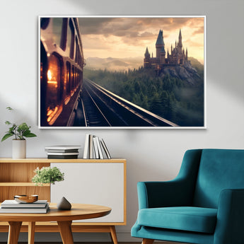 84029-MGV-FC-36X24_White-Fantasy Castle Wall Art – Magical Train Sunset Forest Canvas Print, Enchanted Landscape Painting Poster for Living Room, Bedroom,