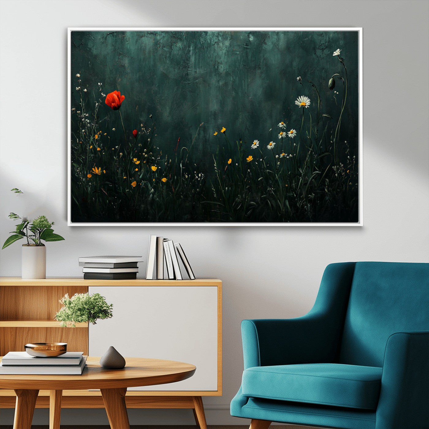 26218-MGV-CV-36X24-Wildflower Wall Art – Dark Botanical Floral Canvas Print, Modern Nature Painting Poster with Daisy Poppy Yellow Flowers for Living