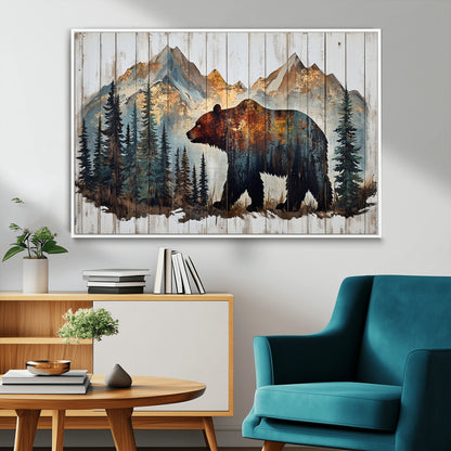 55777-MGV-CV-36X24-Rustic Bear Wall Art Canvas Print, Framed Mountain and Forest Art Picture Print, Wooden Bear Perfect Rustic Lodge Decor Artwork