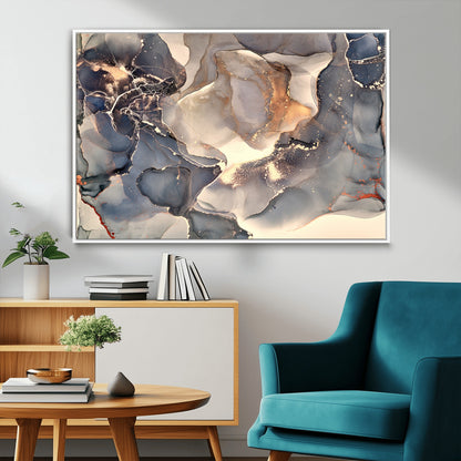 18202-MGV-FC-36X24_White-Abstract Neutral Wall Art – Blue, Beige and Gold Fluid Ink Canvas Print, Modern Minimalist Painting for Living Room, Office