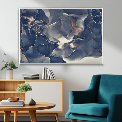 28282-MGV-CV-36X24-Blue Abstract Wall Art – Modern Ink Swirl Canvas Print, Contemporary Navy and Gold Painting for Living Room, Bedroom, Office or