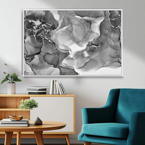 15911-MGV-FC-36X24_White-Black and White Abstract Wall Art – Modern Ink Swirl Canvas Print, Minimalist Contemporary Painting for Living Room, Bedroom,