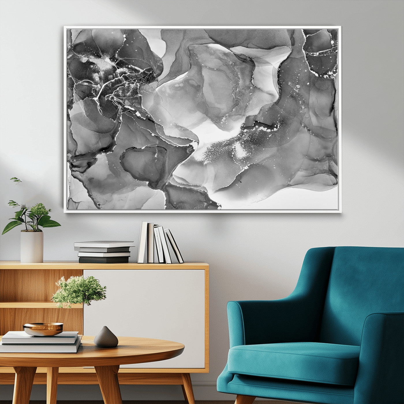 15911-MGV-FC-36X24_White-Black and White Abstract Wall Art – Modern Ink Swirl Canvas Print, Minimalist Contemporary Painting for Living Room, Bedroom,