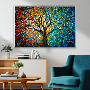99325-MGV-FC-36X24_White-Tree of Life Wall Art – Vibrant Stained Glass Style Mosaic Canvas Print, Colorful Abstract Nature Artwork for Living Room,