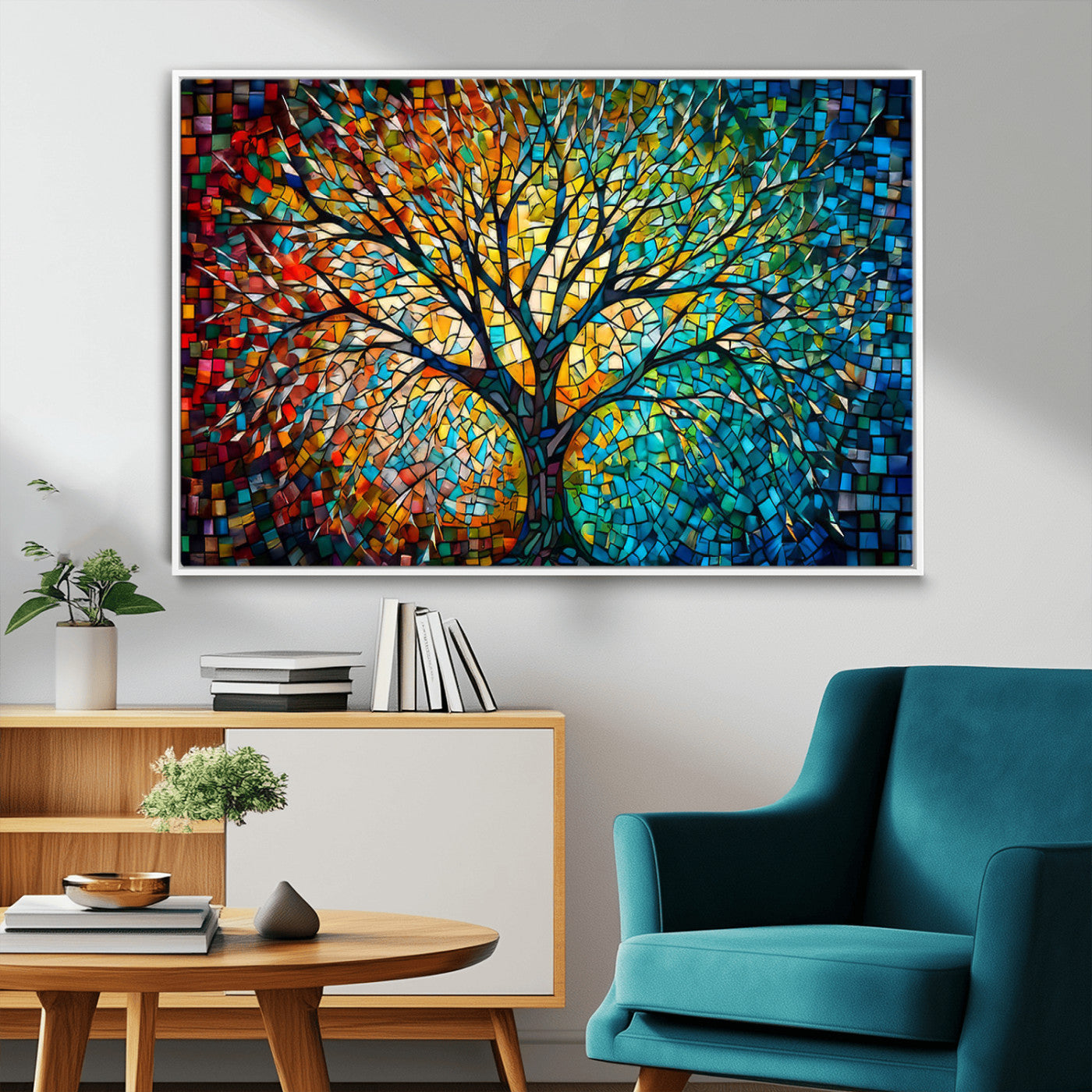 99325-MGV-FC-36X24_White-Tree of Life Wall Art – Vibrant Stained Glass Style Mosaic Canvas Print, Colorful Abstract Nature Artwork for Living Room,