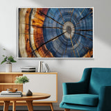 10583-MGV-FC-36X24_White-Tree Ring Wall Art – Abstract Wood Grain Canvas Print with Blue and Brown Tones, Nature Inspired Rustic Artwork for Living Room,