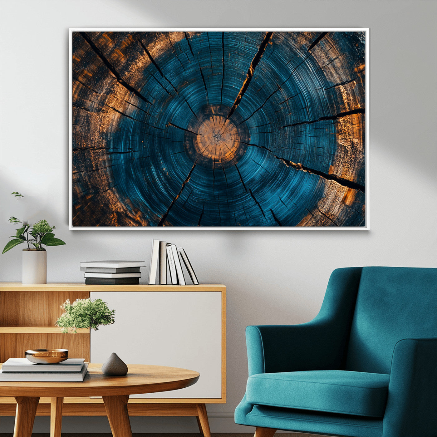 13398-MGV-FC-36X24_White-Tree Ring Wall Art – Abstract Wood Grain Canvas Print with Blue and Orange Accents, Rustic Nature Inspired Artwork for Living