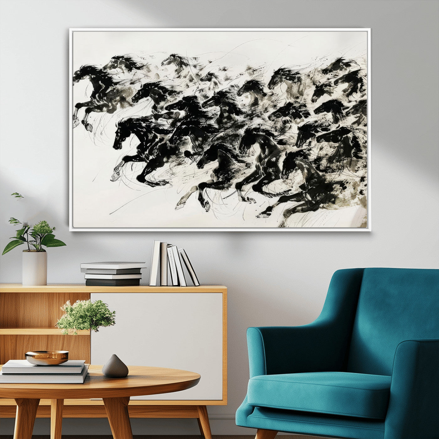 23069-MGV-FC-36X24_White-Galloping Horses Wall Art – Black Ink Painting on Canvas, Dynamic Equestrian Artwork with Running Stallions, Expressive Modern