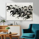 23069-MGV-FC-36X24_White-Galloping Horses Wall Art – Black Ink Painting on Canvas, Dynamic Equestrian Artwork with Running Stallions, Expressive Modern