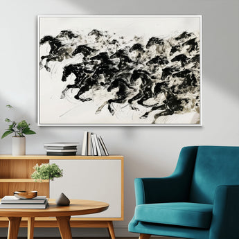 23069-MGV-FC-36X24_White-Galloping Horses Wall Art – Black Ink Painting on Canvas, Dynamic Equestrian Artwork with Running Stallions, Expressive Modern