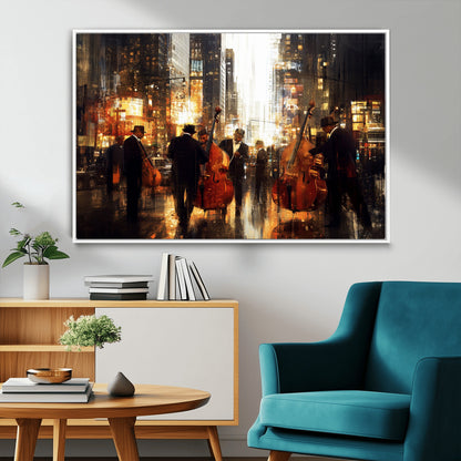 58782-MGV-CV-36X24-Jazz Musicians Cityscape Wall Art – Vibrant Urban Night Canvas Print, Elegant Music Themed Decor for Living Room, Office, or Music