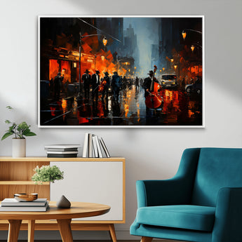 46538-MGV-CV-36X24-Urban Jazz Night Wall Art – Dramatic Music Canvas Print with Double Bass and Street Musicians, Modern City Scene Artwork for