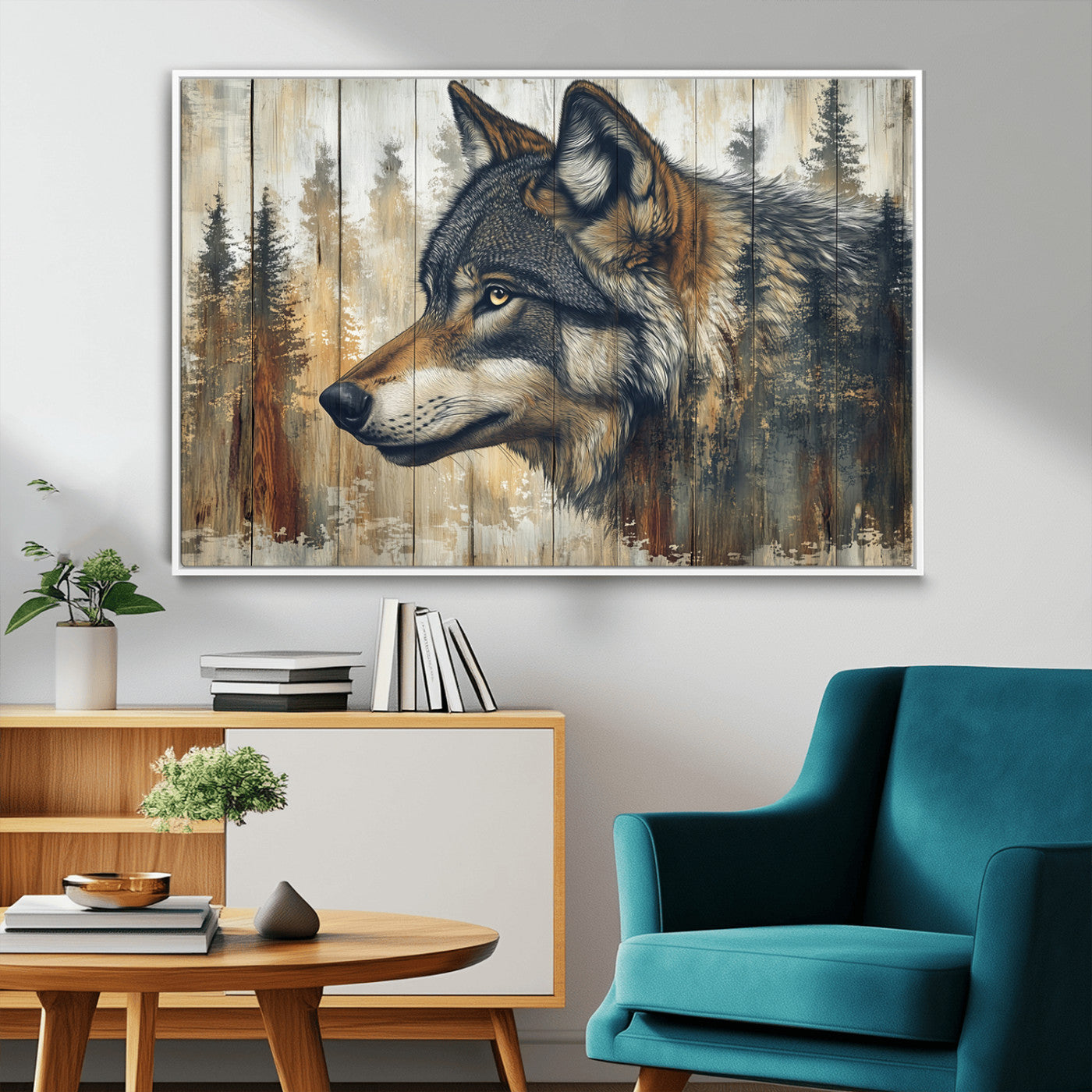 91882-MGV-FC-36X24_White-Wolf Wall Art – Rustic Canvas Print of Forest Wolf on Wood Background, Wildlife Lodge Artwork for Living Room, Bedroom, Cabin, or