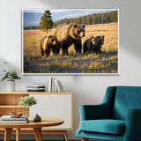 43400-MGV-CV-36X24-Bear Family Wall Art – Wildlife Canvas Print of Mother Bear with Cubs in Sunlit Meadow, Rustic Animal Artwork for Living Room,