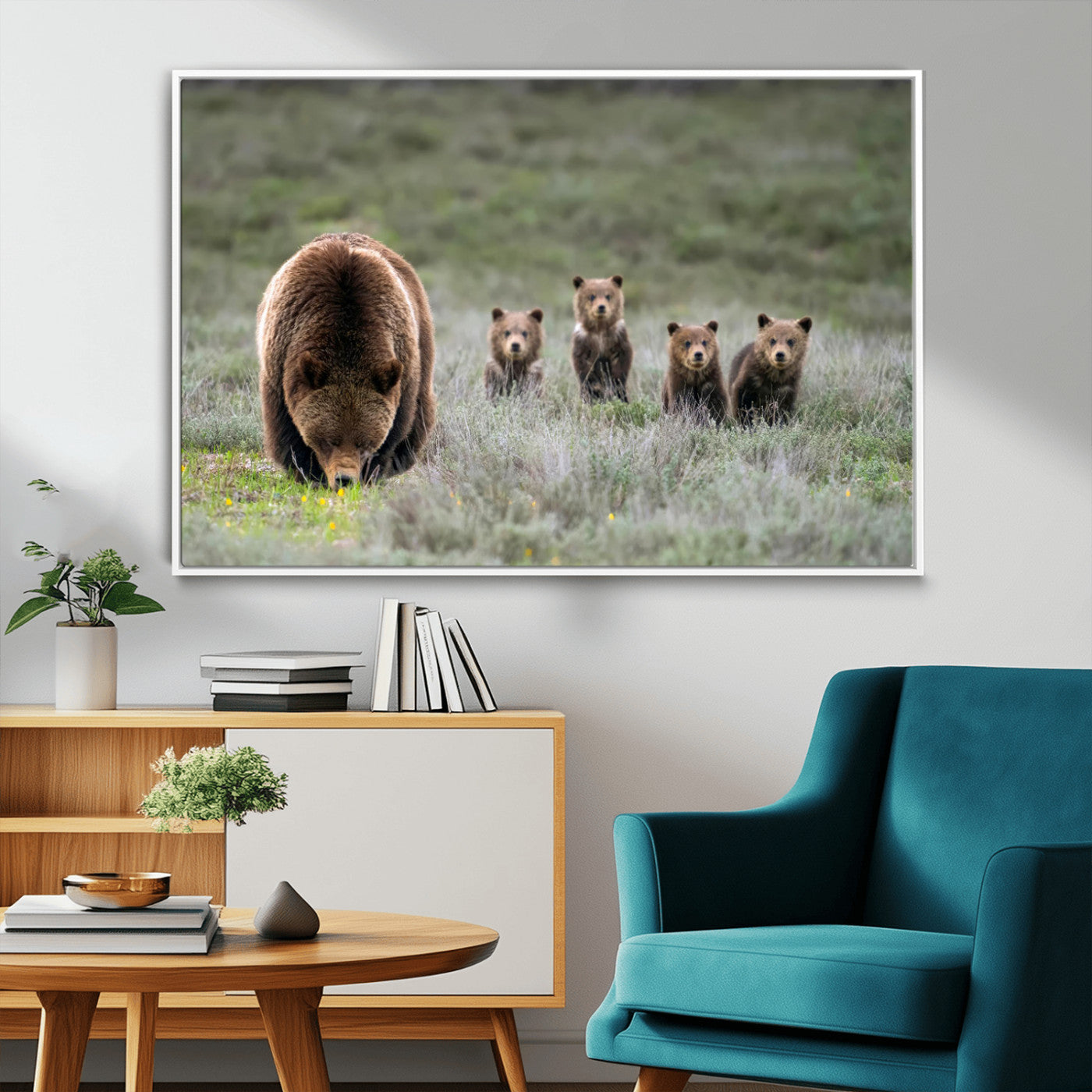 40555-MGV-FC-36X24_White-Bear Family Wall Art – Wildlife Canvas Print of Mother Bear with Four Cubs in Nature, Rustic Animal Artwork for Living Room,
