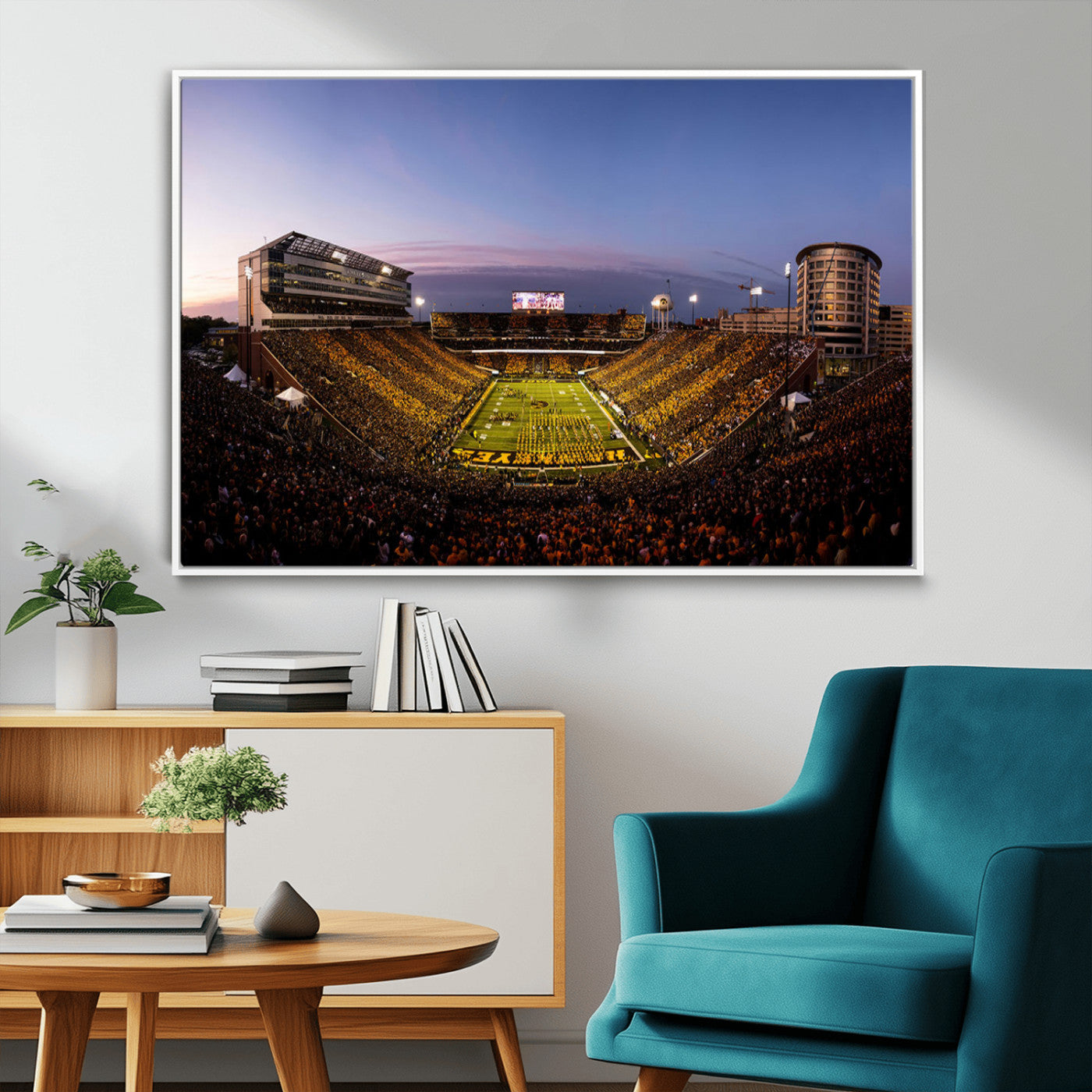 82557-MGV-CV-36X24-College Football Stadium Wall Art – Panoramic Sunset Canvas Print with Marching Band and Game Day Crowd, Sports Artwork for Man