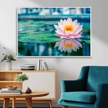 30320-MGV-FC-36X24_White-Pink Water Lily Wall Art – Lotus Flower Canvas Print with Reflection Water, Peaceful Botanical Artwork for Living Room, Bedroom,