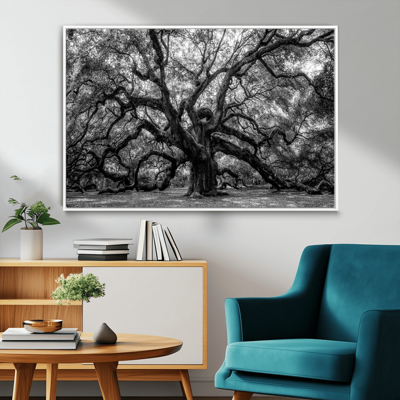 132944706-MGV-CV-36X24-Ancient Tree Wall Art – Black and White Photography Canvas Print Featuring Majestic Twisting Branches, Rustic Nature Artwork for